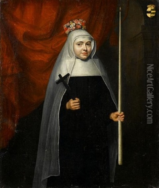 Portrait Of A Child Dressed As A Carmelite Nun Holding A Crucifix And A Candle, Wearing A Crown Of Flowers, Standing Before A Red Curtain Oil Painting - Jean-Baptiste De Champaigne