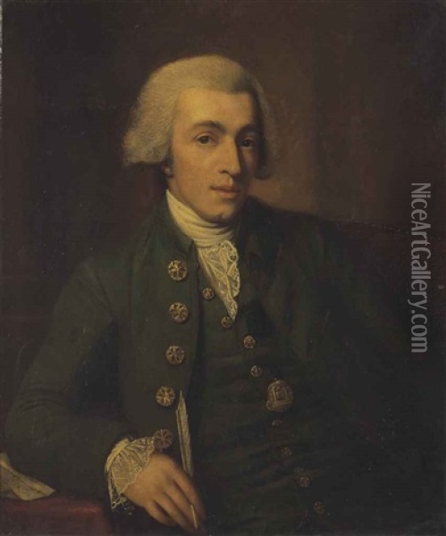 Portrait Of A Gentleman, Traditionally Identified As Sir Laurence Sterne, Half-length, Seated, In Green Oil Painting - Nathaniel Dance Holland (Sir)