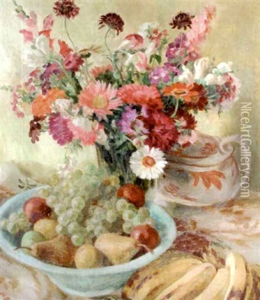 A Still Life Of Daisies And Poppies In A Vase, A Bowl Of Fruit Beside Oil Painting - George Morren