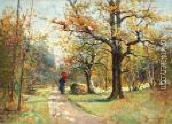Landscape With Strolling Lady Oil Painting - Severin Nilson