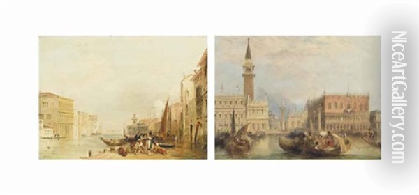 Santa Maria Della Salute And The Dogana At The Mouth Of The Grand Canal, Venice; And Piazza San Marco And The Palazzo Ducale (2 Works) Oil Painting - Edward Pritchett