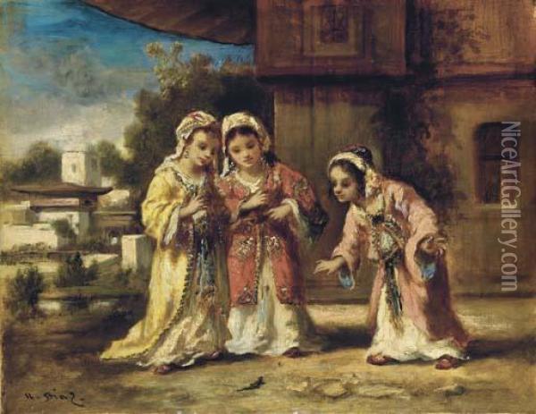 Trois Fillettes Observant Un Lezard Dans Un Ville Turque Oil Painting - Narcisse-Virgile D Az De La Pena