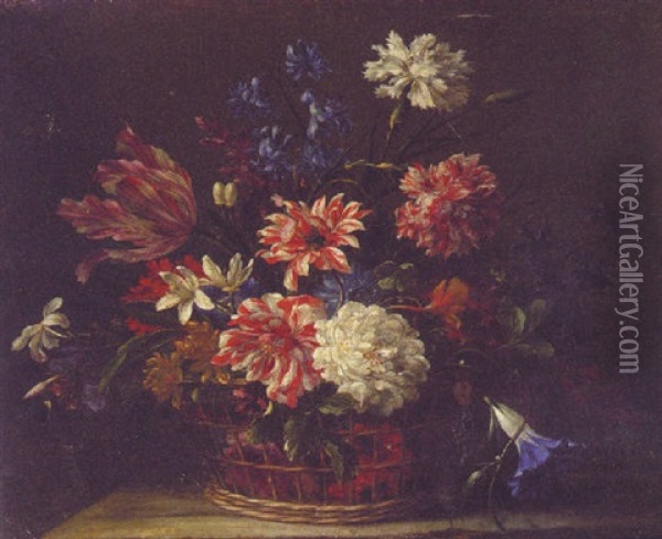 Flowers In A Basket On A Ledge Oil Painting - Jean-Baptiste Monnoyer