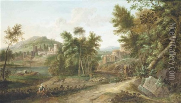 An Italianate River Landscape With Classical Figures, A Fortified Town Beyond Oil Painting - Gaspard Dughet