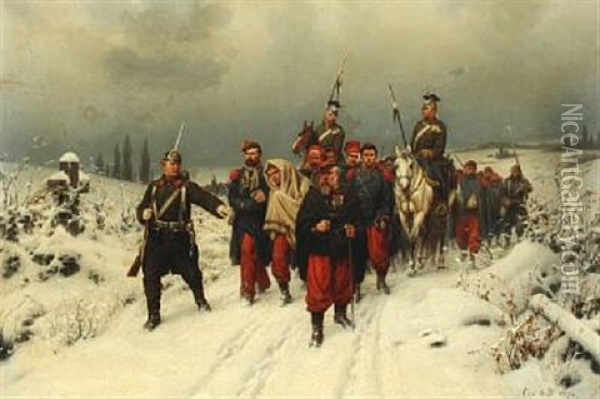 German Soldiers Escorting French Prisoners Of War Oil Painting - Christian Sell the Elder