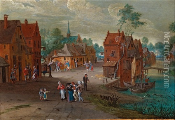 A Village Road With Numerous Figures Oil Painting - Peter Gysels