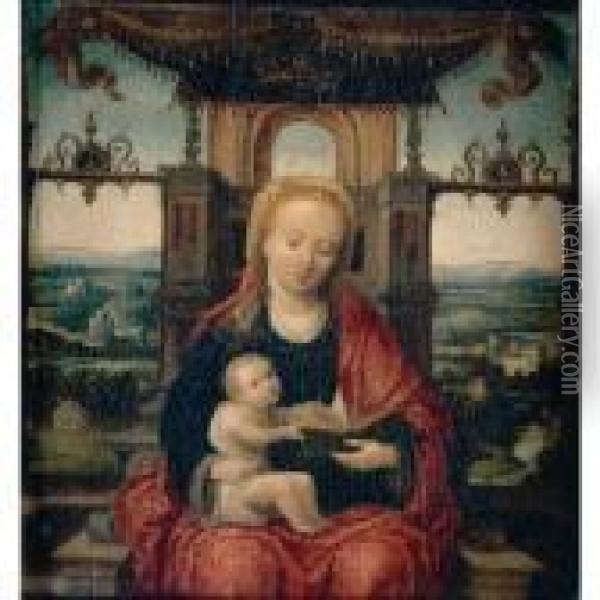 The Virgin And Child Enthroned With An Extensive River Landscape Beyond Oil Painting - Adriaen Isenbrandt (Ysenbrandt)