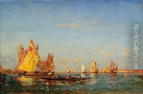 A Gondola And Other Boats In The Venetianlagoon Oil Painting - Felix Ziem