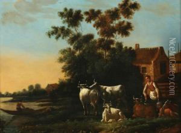 Farmhouse Near Ariver, In The Foreground A Farmer's Wife Milking The Cows Oil Painting - Ferdinand van Kessel