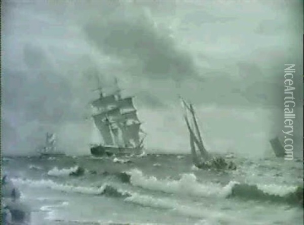 Marine Med Sejlskibe Ud For Kysten Oil Painting - Christian Blache