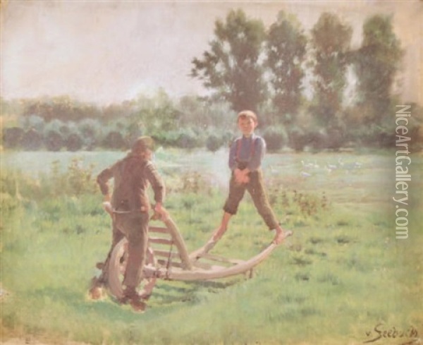 Enfants Jouant Avec Une Brouette Oil Painting - Lothar von Seebach