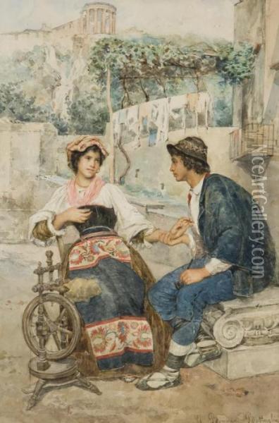 Tivoli, Il Corteggiamento Della Giovane Filatrice Oil Painting - Clelia Bompiani Battaglia