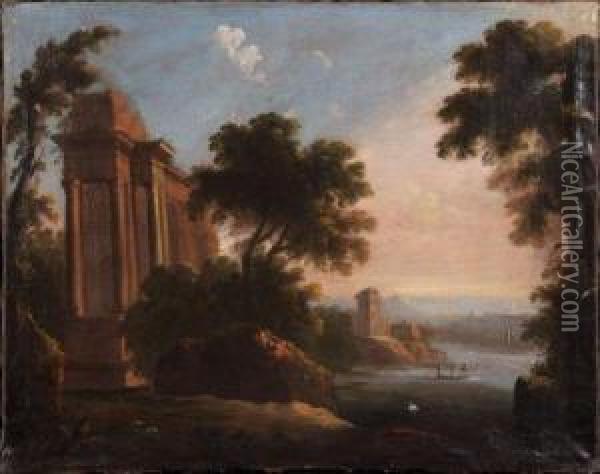 Le Jeune Ruines Antiques Dans Un Paysage Lacustre Oil Painting - Pierre-Antoine Patel