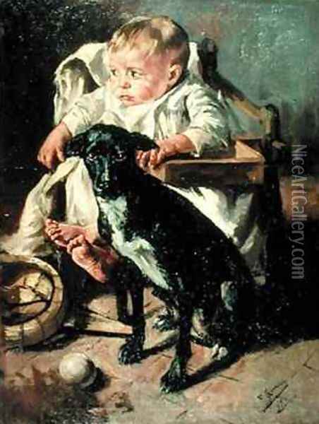 The Baby and its good companion Oil Painting - Francisco Gimeno y Arasa