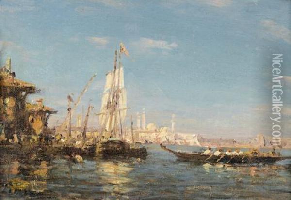 Barke Und Segelboot Vor Konstantinopel. Oil Painting - Felix Ziem