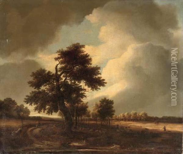 A Wooded Landscape With Travellers On A Track And A Shepherd With His Flock Oil Painting - Jacob Van Ruisdael