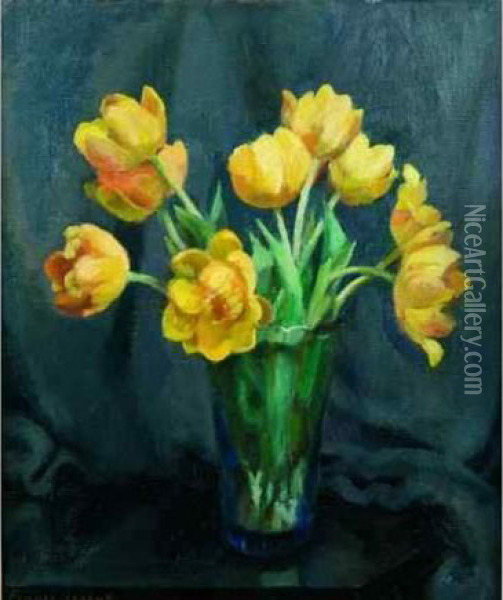 Nature Morte Aux Tulipes Jaunes. Oil Painting - France Leplat
