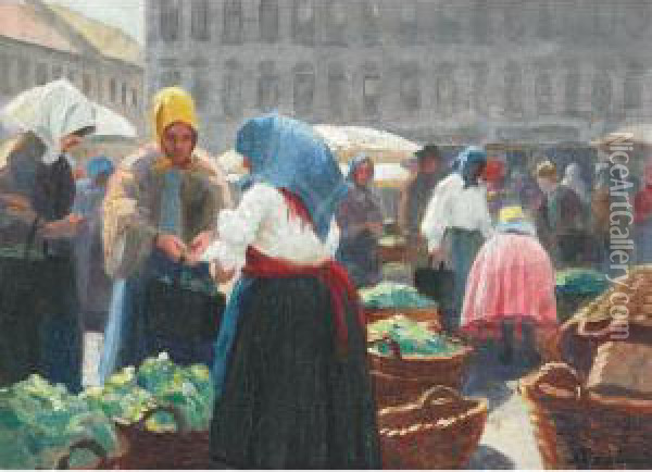 At The Market, Town Square Oil Painting - Emil Pap