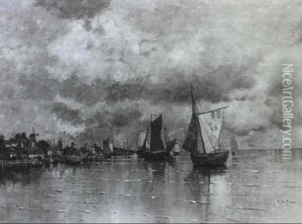 Fischerboote Vor Dem Hollandischen Hafenstadtchen Oil Painting - Karl Heffner