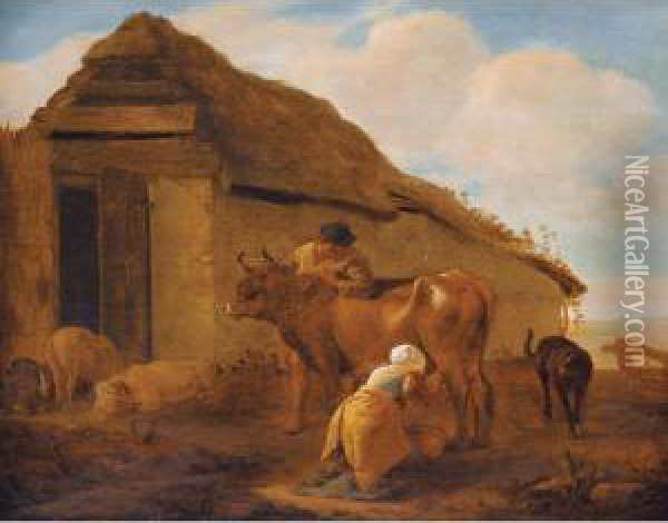 Landscape With A Milkmaid A Cow And Livestock Oil Painting - Pieter Van Laer (BAMBOCCIO)