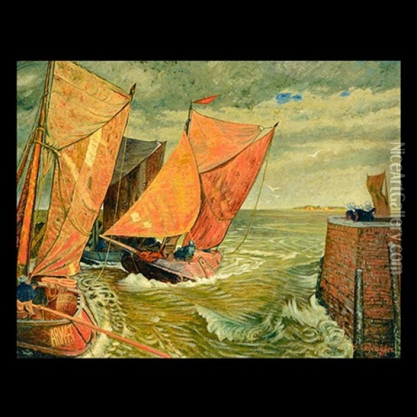 Boats Heading Out To Sea (arm 47) Oil Painting - Gustav Schoenleber