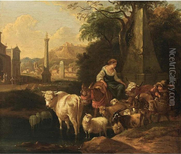 Shepherdess With Cattle Oil Painting - Michiel Carre