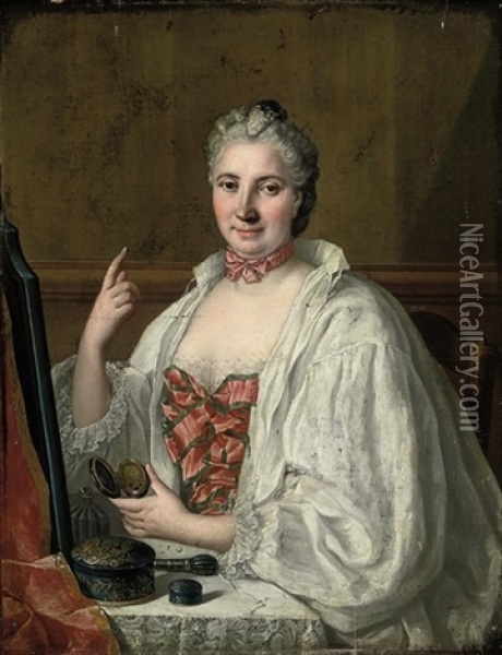 Portrait Of A Lady Seated At Her Toilette, Applying A Beauty Spot Oil Painting - Francois Hubert Drouais