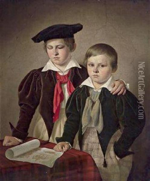 Knee-length Portrait Of Two Boys By A Table Oil Painting - Friedrich Keil