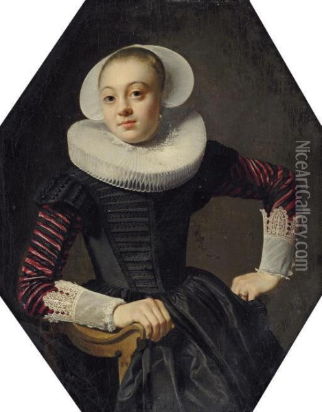 Portrait Of A Lady, Seated 
Three-quarter-length, In A Black Dress With Red Slashed Sleeves, Lace 
Cuffs And A Ruff Oil Painting - Thomas De Keyser
