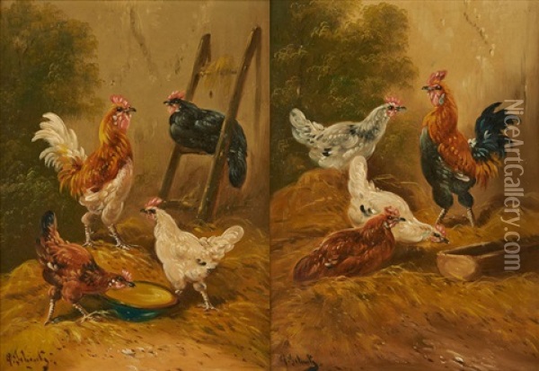 Coq Et Poules (2 Works) Oil Painting - Paul Schouten