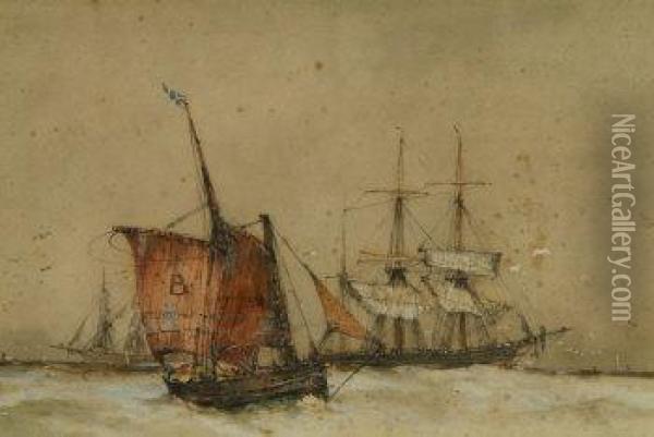 Schooners And Fishing Boat In A Choppy Sea, Signed Lower Left Oil Painting - Frederick Dade