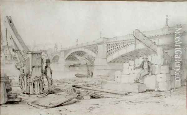 View of Southwark Bridge and the River Thames from Bankside, with two derricks in the foreground, 1827 Oil Painting - Edward William Cooke