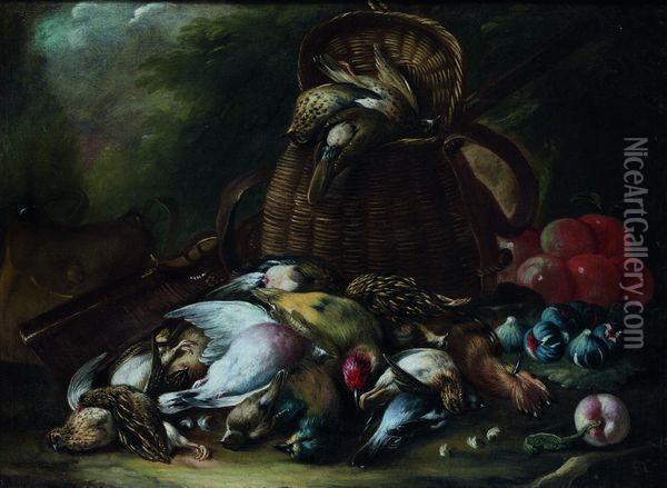 Nature Morte Aux Oiseaux : Grive Musicienne, Caille, Geai, Pique Et Peche, Huppe Et Loriot Oil Painting - Baldassare De Caro