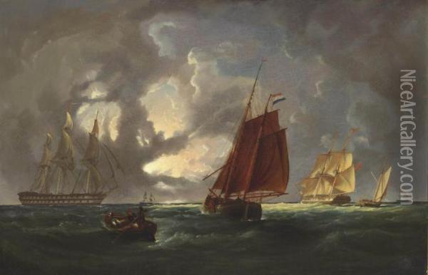 Warships And Other Shipping In A Thunderstorm Oil Painting - Francois Etienne Musin