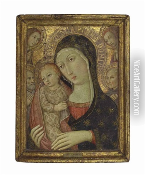 The Madonna And Child With Saint Bernardino Of Siena, A Male Saint And Two Angels Oil Painting -  Sano di Pietro