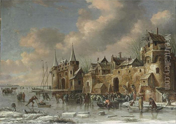 A Winter Landscape With Skaters On A Frozen River Outside A Fortified City Wall Oil Painting - Thomas Heeremans