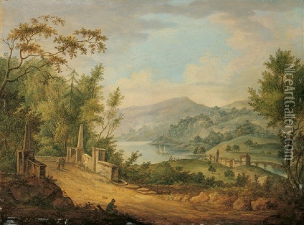 Landschaft Mit See Oil Painting - Johann Georg Schuez