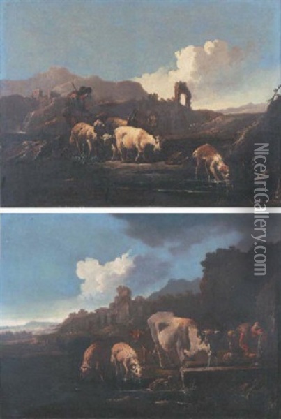 A Drover With Cattle, Sheep And Goats At A Watering Trough In An Italianate Landscape Oil Painting - Johann Heinrich Roos