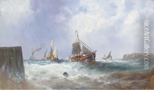 Fishing Vessels In A Squall; And Fishing Vessels Returninghome Oil Painting - William Calcott Knell