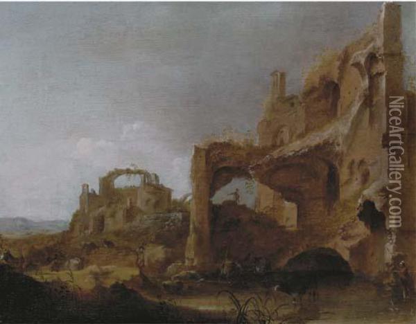 An Italianate Landscape With Herdsmen Watering Cattle Among Classical Ruins Oil Painting - Dirck Van Der Lisse