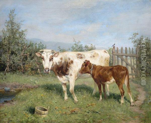 Kuh Und Kalbchen Auf Sommerlicher Weide Oil Painting - Ludwig Benno Fay