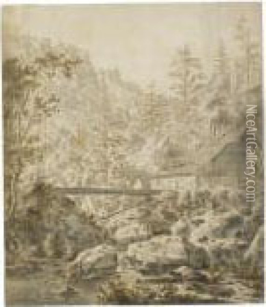 Mountainous River Landscape With Buildings And A Bridge Over Ariver Oil Painting - Frederick De Moucheron