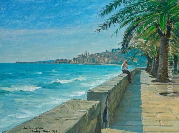 Scenery From Menton, In The Foreground A Young Woman Oil Painting - Frederik Larsen-Saerslov