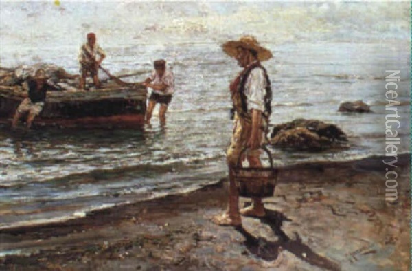 Fishermen On A Beach Oil Painting - Giuseppe Giardiello