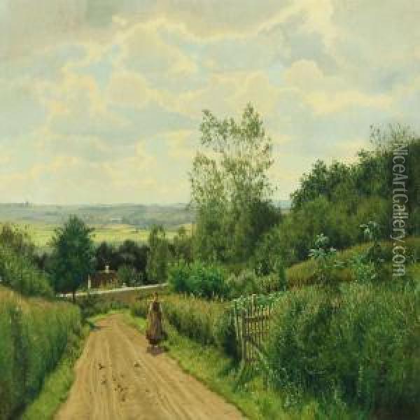 Landscape With Milkmaid On A Dirt Road Oil Painting - Carl Milton Jensen