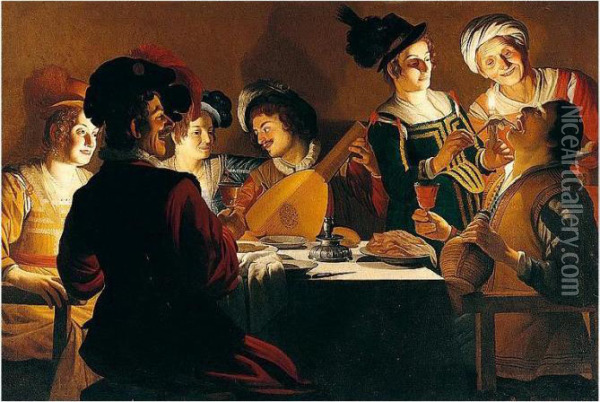Merry Company With A Lute Player Oil Painting - Gerrit Van Honthorst