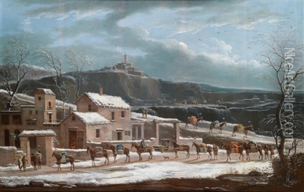 Eine Winterlandschaft Mit Handlerkarawane Oil Painting - Jules Cesar Denis van Loo