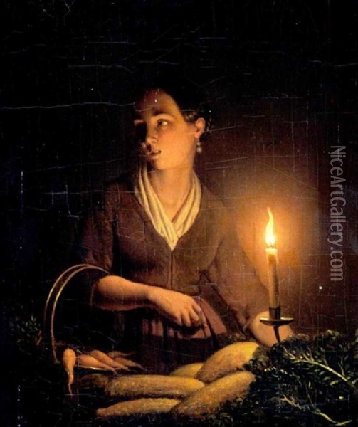 Junges Madchen Bei Kerzenschein Oil Painting - Petrus van Schendel