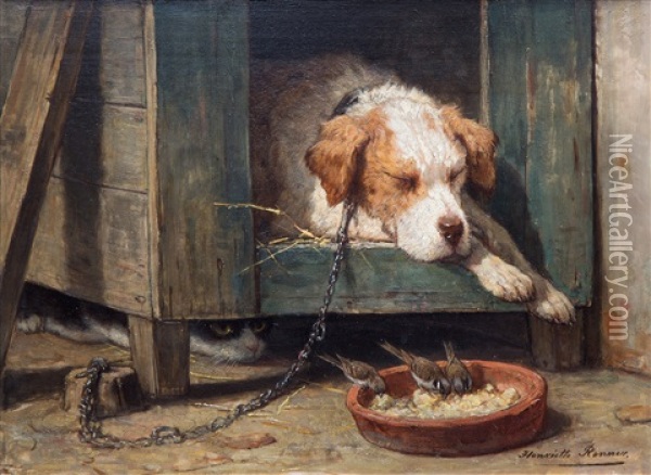 Les Parasites / Kat Bespiedt Vogels Bij Een Slapende Hond Oil Painting - Henriette Ronner-Knip