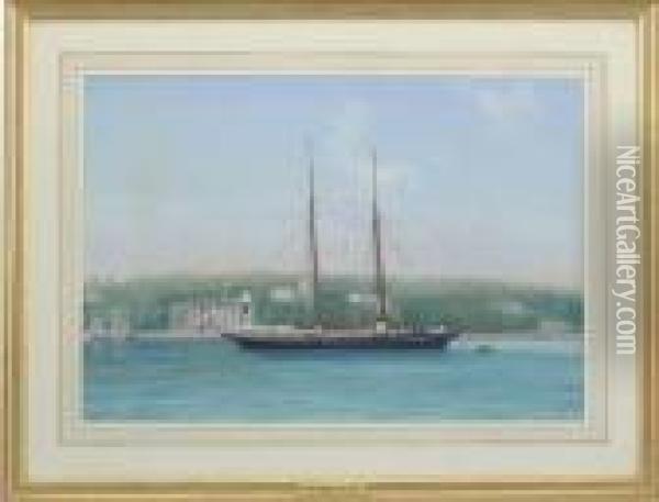The R.y.s. Schooner Silver Spray Anchored Off The Royal Yacht Squadron Oil Painting - Atributed To A. De Simone